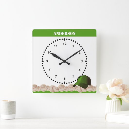 Baseball Wall Clock Green Cap スクエア壁時計 (ホーム)