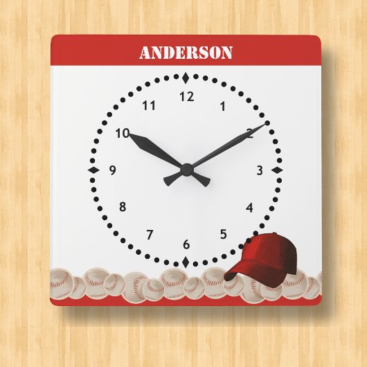Baseball Wall Clock Red Cap スクエア壁時計