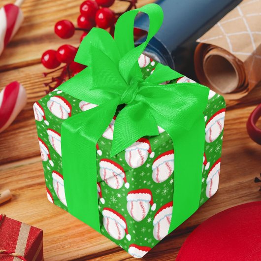 Baseball Wearing Santa's Hat & Snowflakes Green ラッピングペーパー