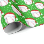 Baseball Wearing Santa's Hat & Snowflakes Green ラッピングペーパー (ロールコーナー)