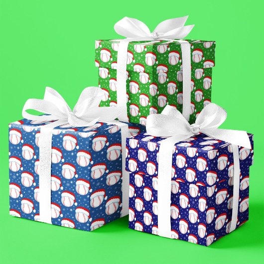 Baseballs Wear Santa's Hat & Snowflakes Colorful ラッピングペーパーシート