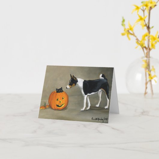"Basenjiハロウィン"犬の芸術Notecard カード (黄色い花)
