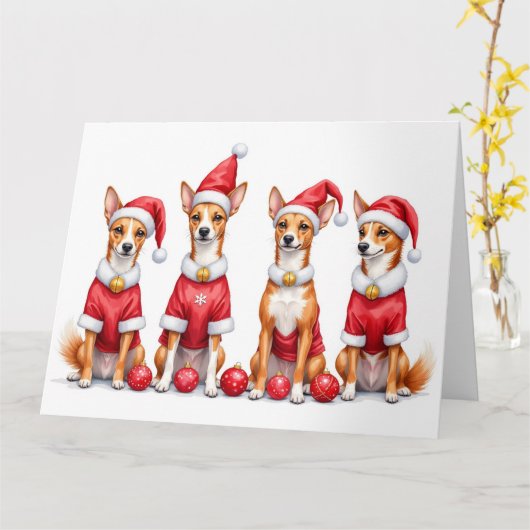 Basenji Christmas Dress Santa Hat カード (黄色い花)