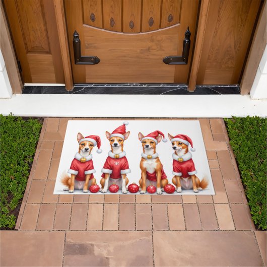 Basenji Christmas Dress Santa Hat ドアマット (室外)