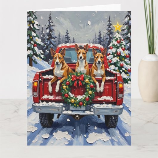 Basenji Christmas Red Truck Holiday カード (正面)