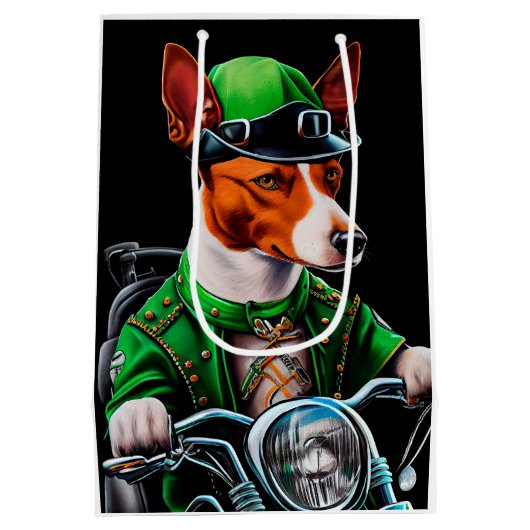 Basenji Dogバイクを運転する聖パトリックの日 ミディアムペーパーバッグ (裏面)