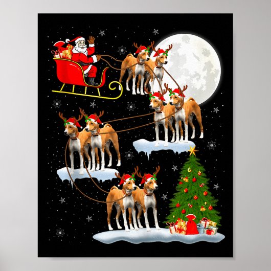 Basenji Dog Santa Sleigh Flying Funny Magical Chri ポスター (正面)