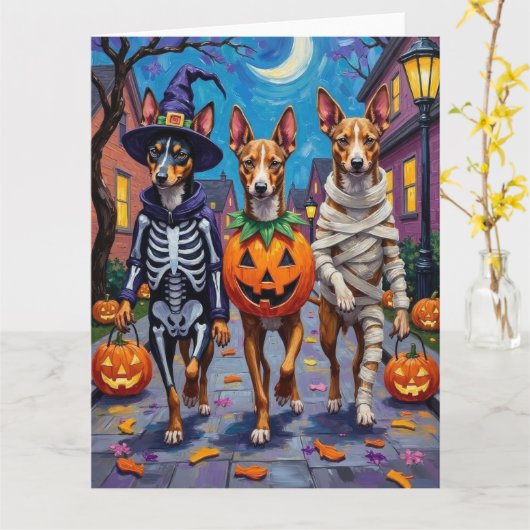 Basenji Dogsトリックオアトリートハロウィーンコスチューム カード (黄色い花)