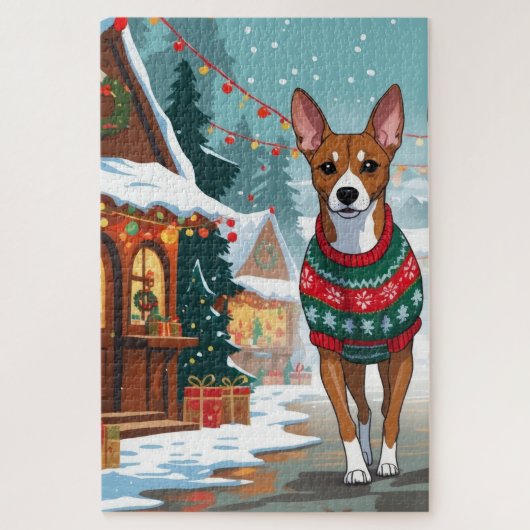 Basenji Dogs Christmas Snow Holiday ジグソーパズル (縦)