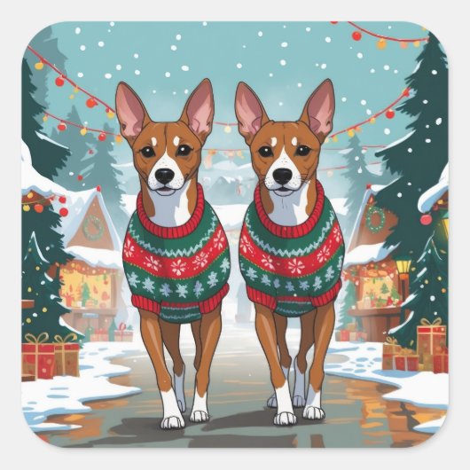 Basenji Dogs Christmas Snow Holiday  スクエアシール (正面)