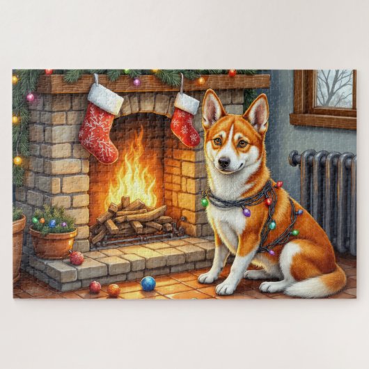 Basenji Sitting by Fireplace with Christmas Lights ジグソーパズル (横)