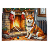 Basenji Sitting by Fireplace with Christmas Lights ラージペーパーバッグ (正面)