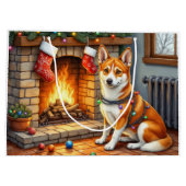 Basenji Sitting by Fireplace with Christmas Lights ラージペーパーバッグ (裏面)