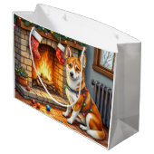 Basenji Sitting by Fireplace with Christmas Lights ラージペーパーバッグ (裏面アングル)