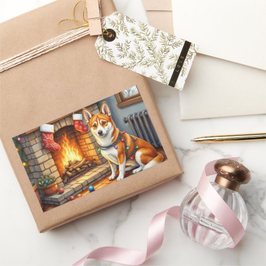 Basenji Sitting by Fireplace with Christmas Lights 長方形シール (ギフト)