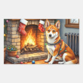 Basenji Sitting by Fireplace with Christmas Lights 長方形シール (正面)