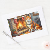 Basenji Sitting by Fireplace with Christmas Lights 長方形シール (封筒)