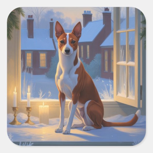Basenji With Christmas Lights Holiday スクエアシール (正面)