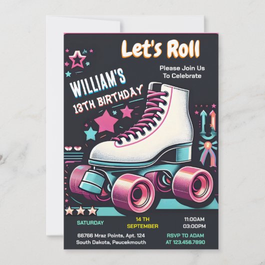 bash boys girlsクールローラースケートで滑る13th誕生日 招待状 (正面)