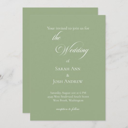 Basic and Elegant Wedding Sage Green Invitation 招待状 (正面/裏面)