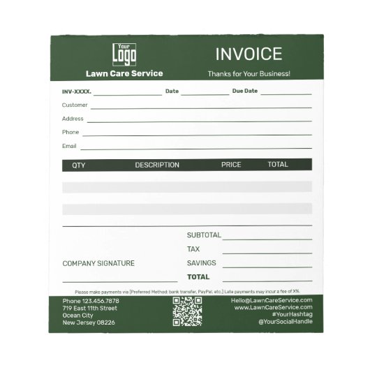 Basic Lawn Care Service Business Invoice Pad ノートパッド (正面)