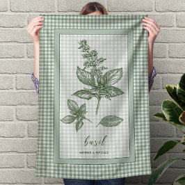 Basil Herb Kitchen Towel – Green Gingham Border キッチンタオル