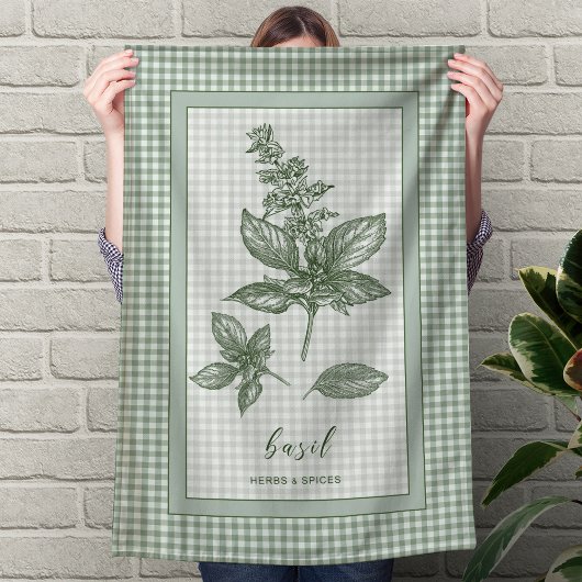 Basil Herb Kitchen Towel – Green Gingham Border キッチンタオル