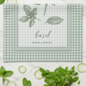 Basil Herb Kitchen Towel – Green Gingham Border キッチンタオル (折り畳み)