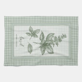Basil Herb Kitchen Towel – Green Gingham Border キッチンタオル (横)