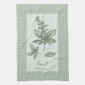 Basil Herb Kitchen Towel – Green Gingham Border キッチンタオル (縦)