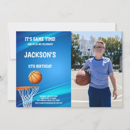 Basket Blue back Basketball Invitations with photo 招待状 (正面)