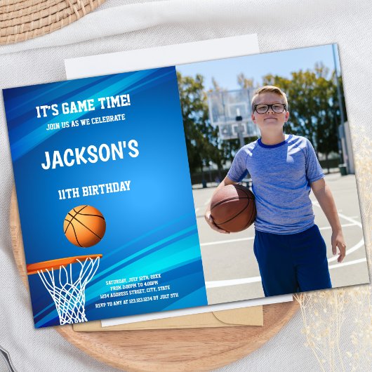 Basket Blue back Basketball Invitations with photo 招待状