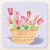 Basket of Tulips | Floral Watercolor Painting スクエアペーパーコースター (正面)