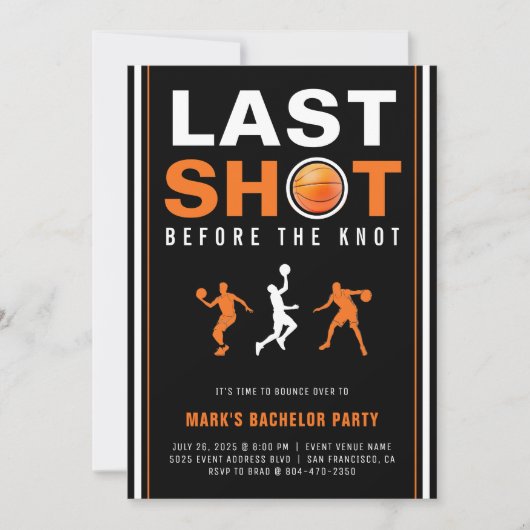 Basketball Bachelor Party Last Shot Orange & Black 招待状 (正面)