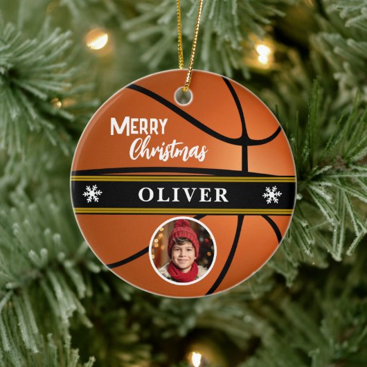 Basketball Ball Custom Name Merry Christmas Photo セラミックオーナメント (ツリー)
