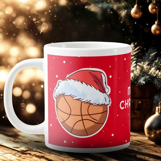 Basketball Ball Red Santa Hat Merry Christmas  ジャンボコーヒーマグカップ