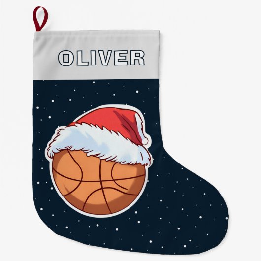 Basketball Ball Red Santa Hat Name ラージクリスマスストッキング (正面)