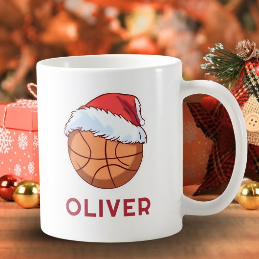 Basketball Ball Red Santa Hat Name Christmas  コーヒーマグカップ