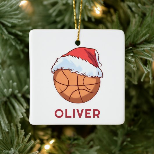 Basketball Ball Red Santa Hat Name Christmas  セラミックオーナメント (ツリー)
