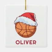 Basketball Ball Red Santa Hat Name Christmas  セラミックオーナメント (裏面)