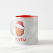 Basketball Ball Red Santa Hat Name Christmas ツートーンマグカップ (正面左)