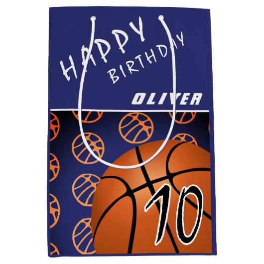 Basketball Ball Sports Modern Happy Birthday Kid ミディアムペーパーバッグ (正面)