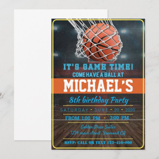 Basketball Birthday Party 招待状 (正面/裏面)