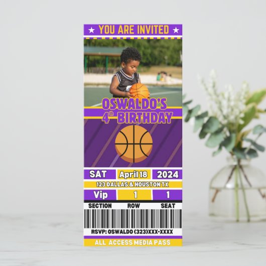 Basketball Birthday Ticket Invitation(Purple&Gold) (スタンド正面)