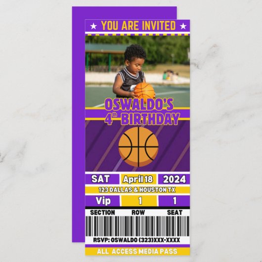 Basketball Birthday Ticket Invitation(Purple&Gold) (正面/裏面)