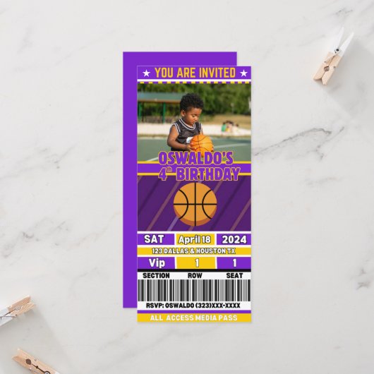Basketball Birthday Ticket Invitation(Purple&Gold) (正面/裏面インサイチュ)