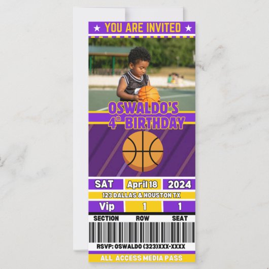 Basketball Birthday Ticket Invitation(Purple&Gold) (正面)