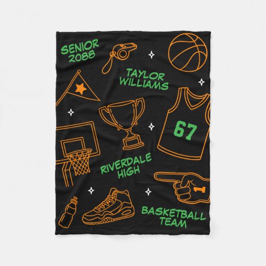 Basketball Doodle Pattern Custom Name Senior Gift フリースブランケット (正面)