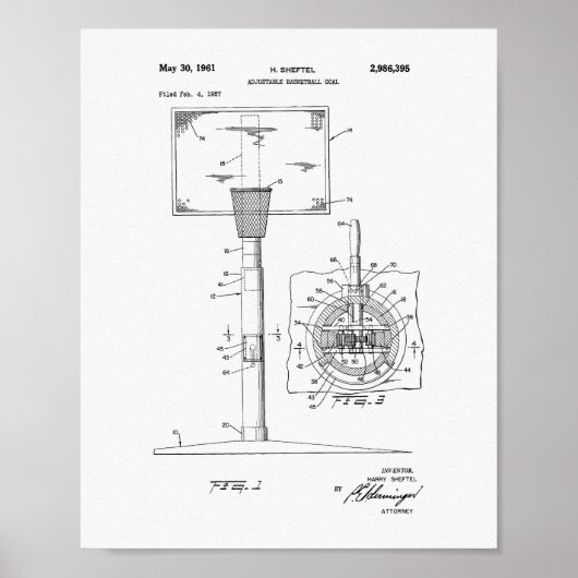 Basketball Goal 1961 Patent Art White Paper ポスター (正面)