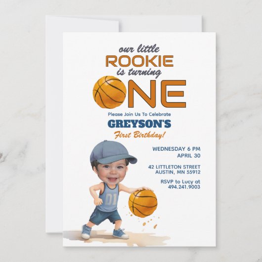 Basketball Rookie 1st Birthday Photo Invitation 招待状 (正面)